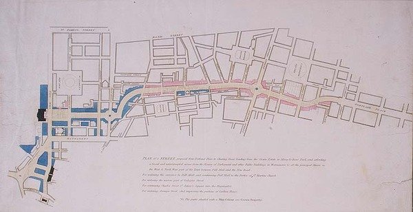 Plan gepresenteerd aan het Lagerhuis van een straat voorgesteld van Charing Cross naar Portland Place, leidend naar het Crown Estate in Marylebone Park door English School