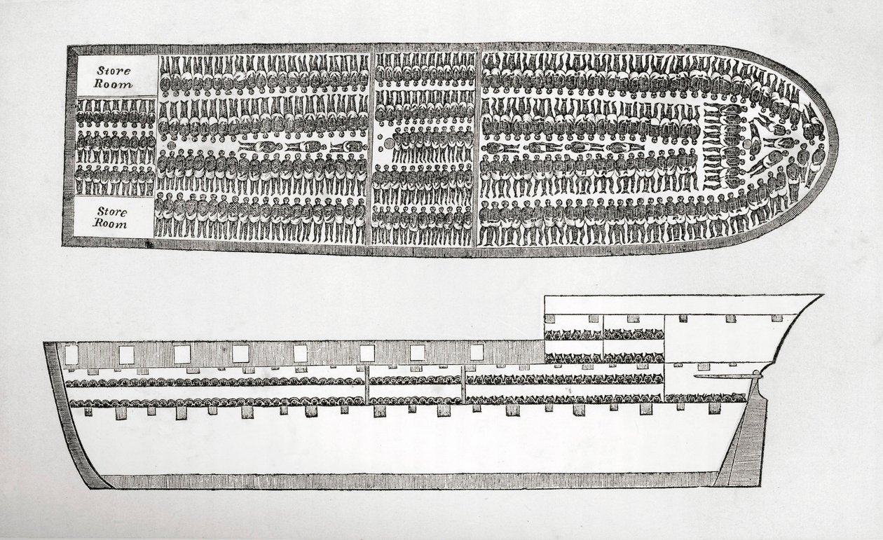 Plan dat laat zien hoe slaven werden vervoerd aan boord van een slavenschip in de 18e eeuw, gravure door English School
