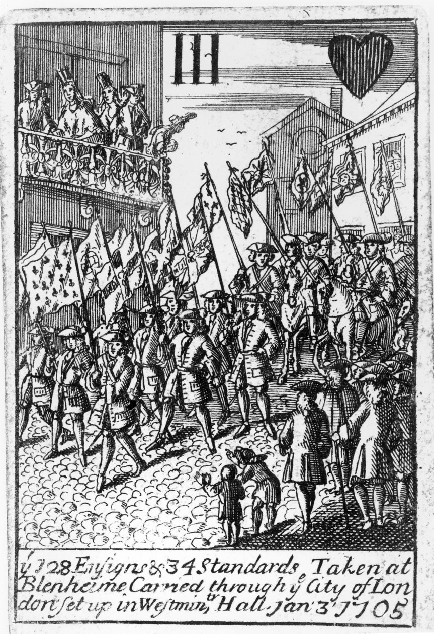 Speelkaart die de Vaandels en Standaarden genomen bij Blenheim toont, door de stad Londen gedragen, 3 januari 1705 door English School