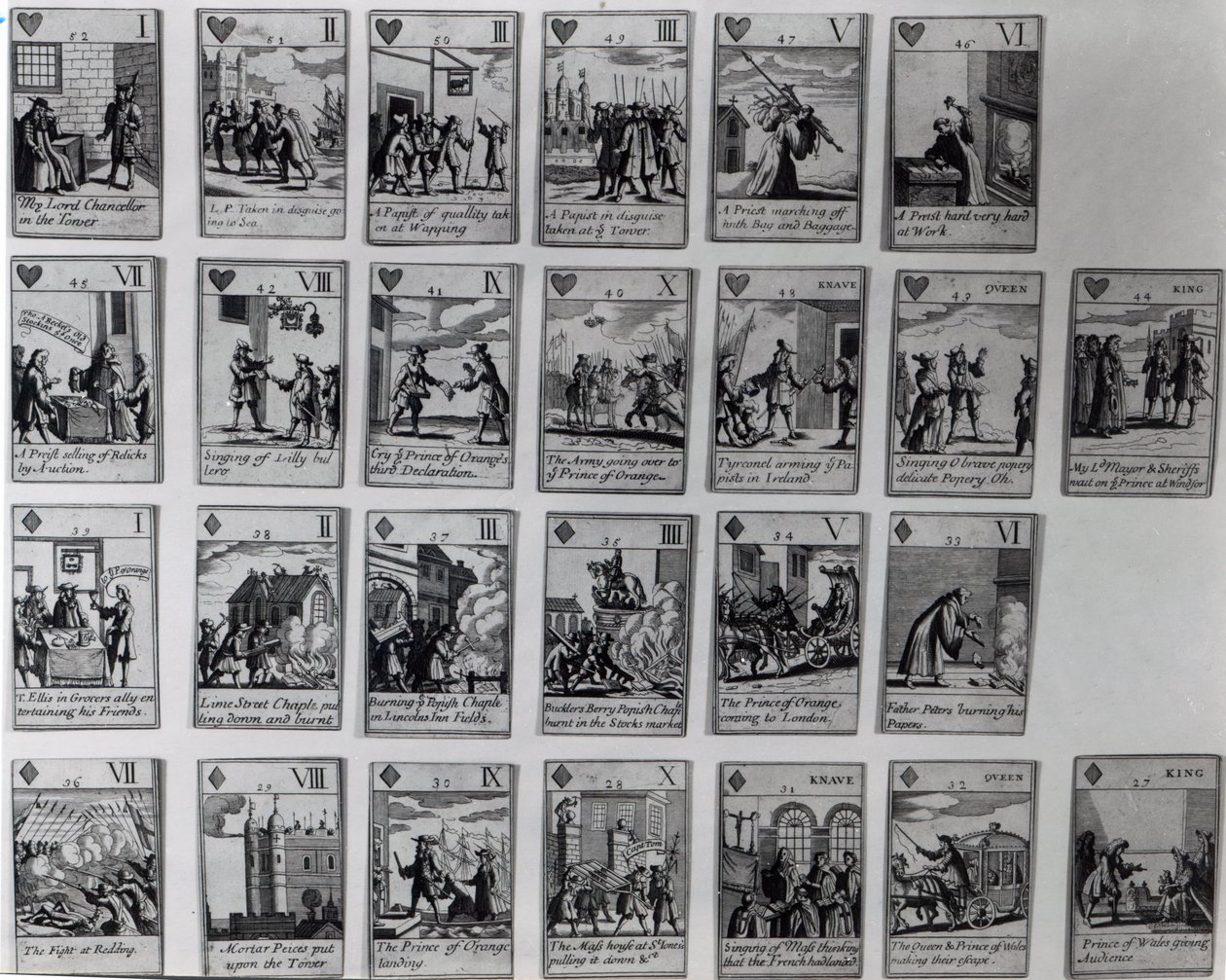 Speelkaarten die episodes uit de Glorieuze Revolutie van 1688-89 uitbeelden, ca. 1689 door English School