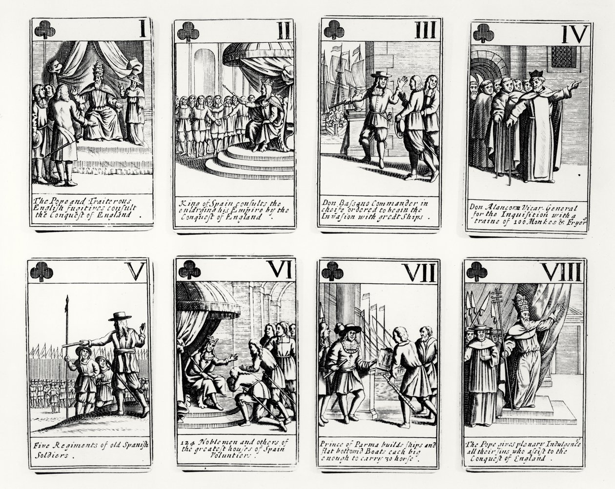 Speelkaarten die gebeurtenissen uitbeelden van de Spaanse Armada door English School