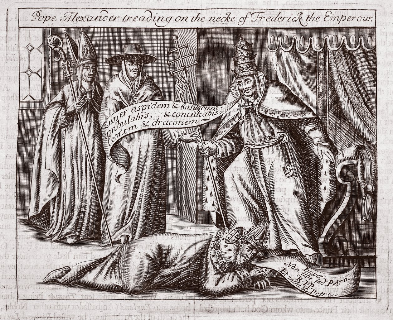 Paus Alexander die op de nek van keizer Frederik trapt, illustratie uit Handelingen en Monumenten van John Foxe, negende editie, uitgegeven 1684 door English School