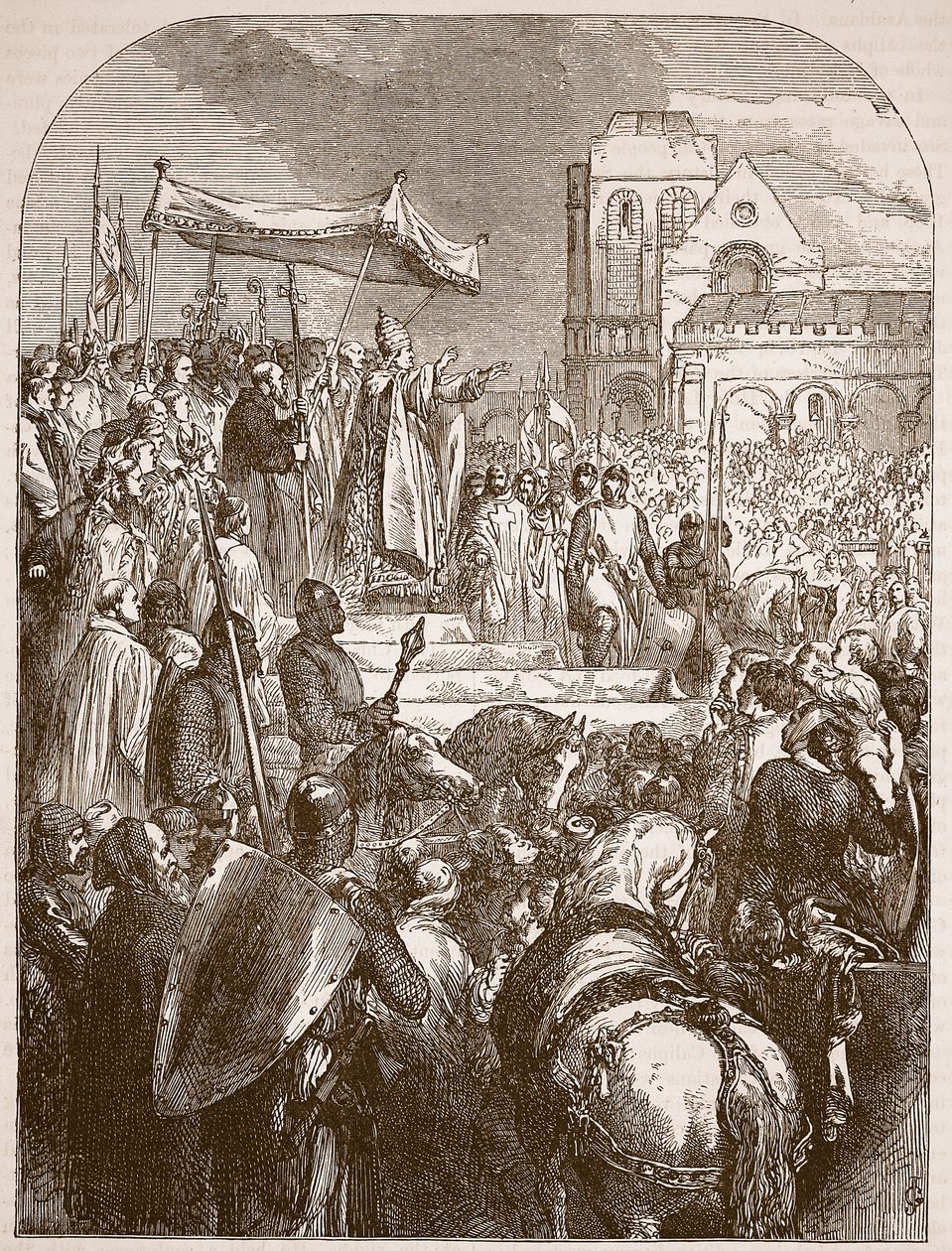 Paus Urbanus II die de Eerste Kruistocht predikt op de markt van Clermont, 1096, illustratie uit Cassells Illustrated History of England door English School