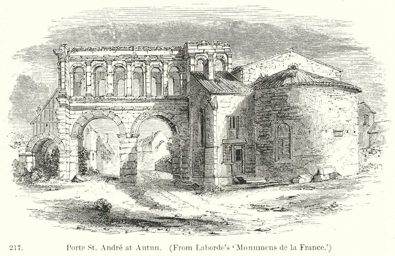 Porte St Andre bij Autun (gravure) door English School