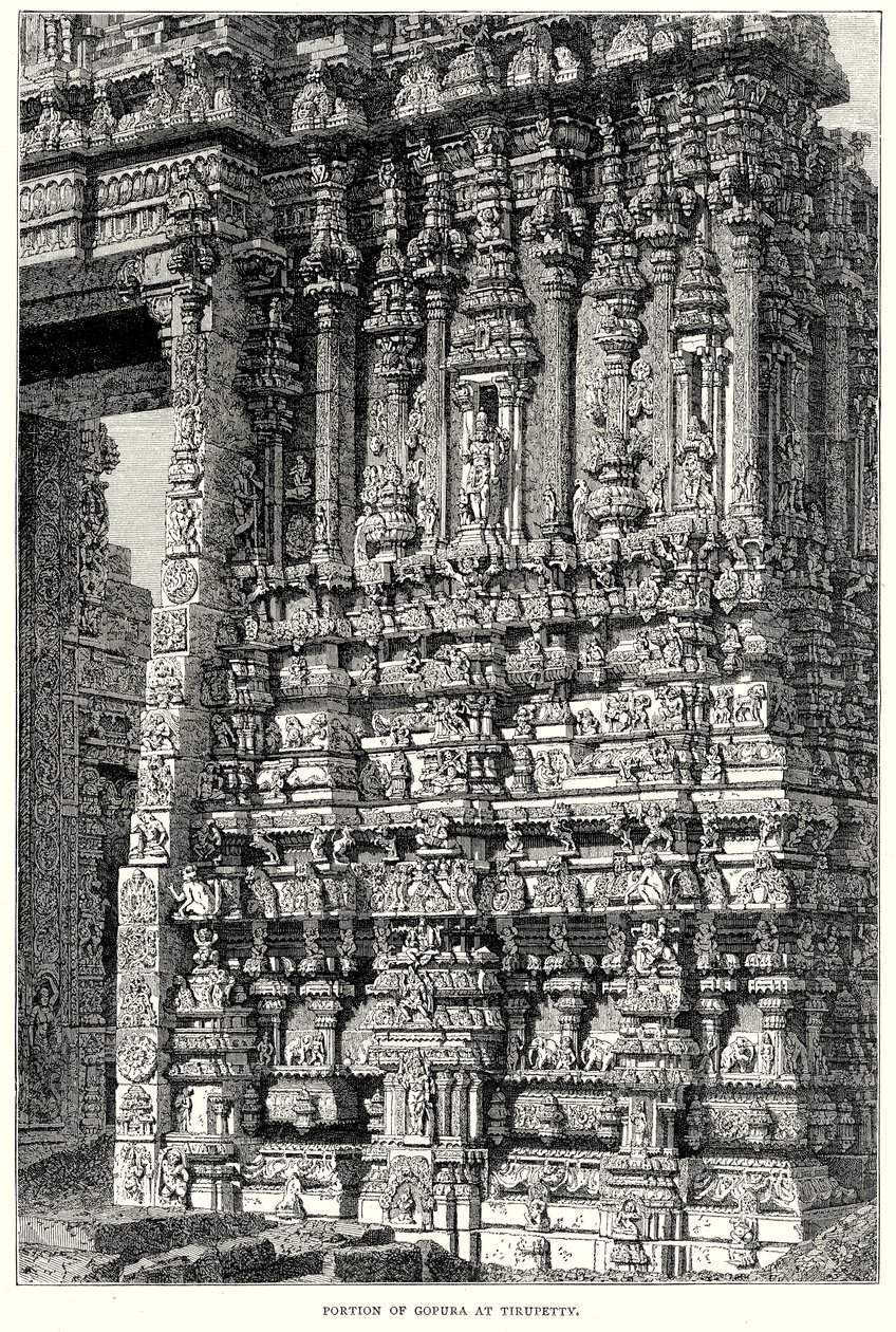 Gedeelte van Gopura in Tirupetty (gravure) door English School