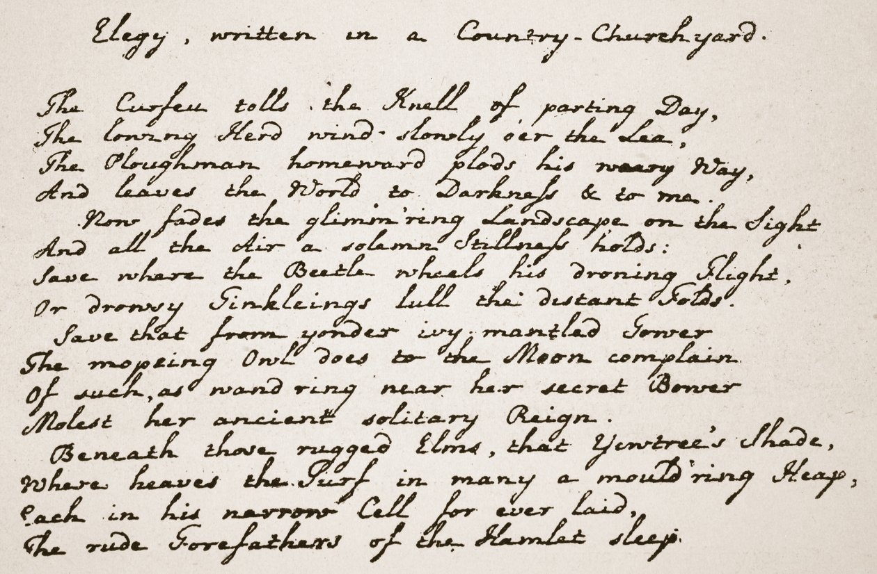Gedeelte van Grays Elegy, in het handschrift van de dichter, illustratie uit De Kerk van Engeland: Een Geschiedenis voor het Volk door H.D.M. Spence-Jones door English School