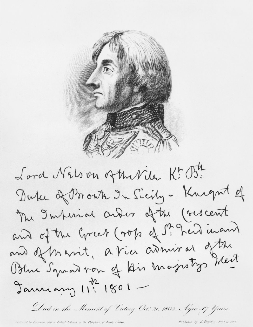 Portret van admiraal Horatio Nelson met zijn handschrift door English School