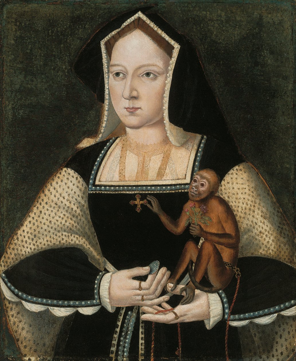 Portret van Catharina van Aragon (1485-1536), koningin van Engeland, halflang, in een zwart-witte jurk met een hangend kruis, terwijl ze een penseelaapje en een munt vasthoudt (olieverf op paneel) door English School