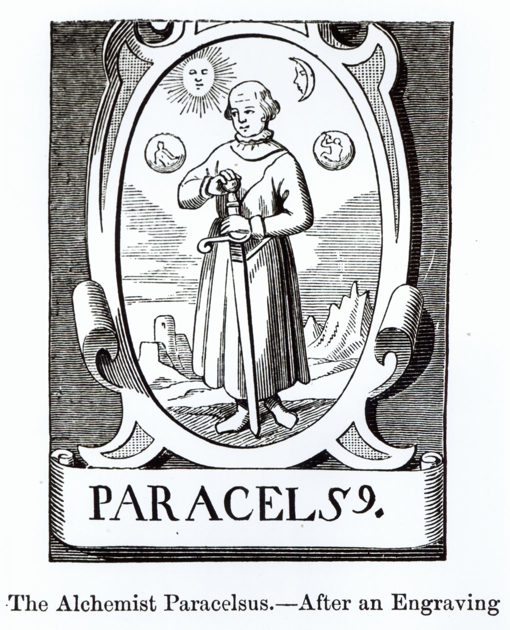 Portret van Paracelsus (Philippus Aureolus Theophrastus) (1493-1541), illustratie uit Wetenschap en Literatuur in de Middeleeuwen en de Renaissance, geschreven en gegraveerd door Paul Lacroix, 1878 door English School