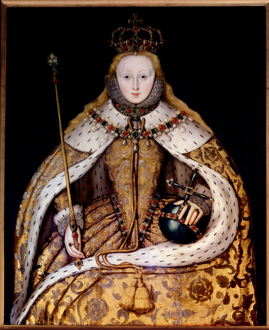 Portret van koningin Elizabeth I in kroningsgewaad, ca. 1600 door English School