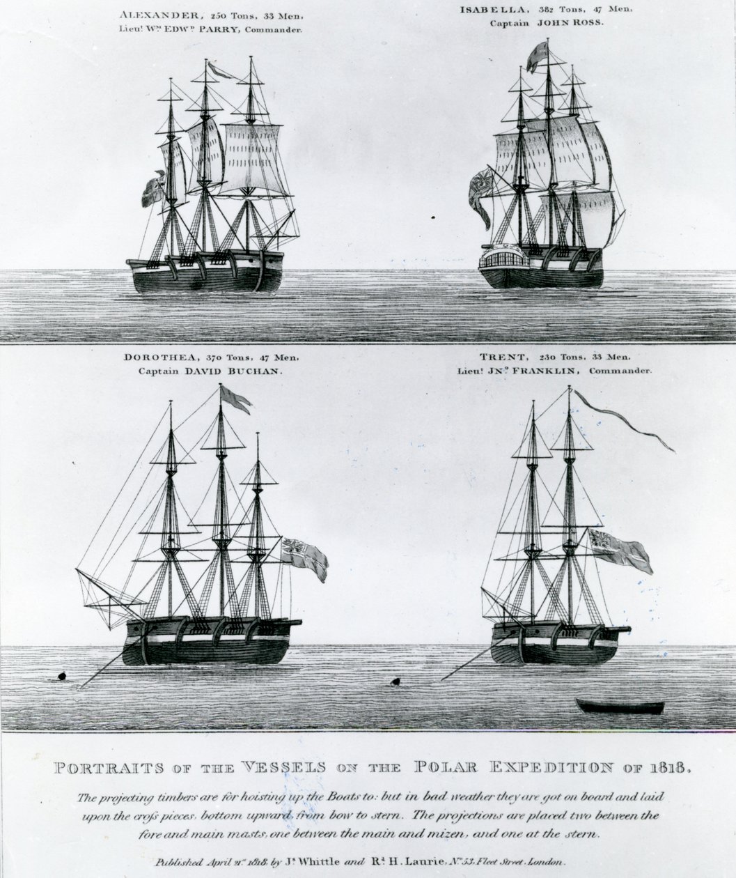 Portretten van de schepen van de Pool Expeditie van 1818 (gravure) door English School