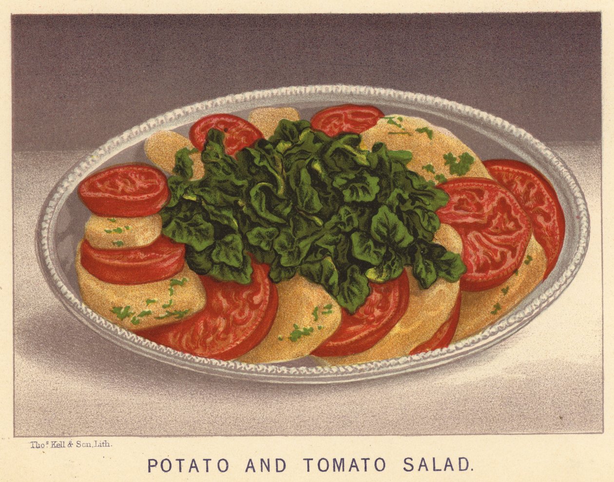 Salade van aardappelen en tomaten (kleurenlitho) door English School