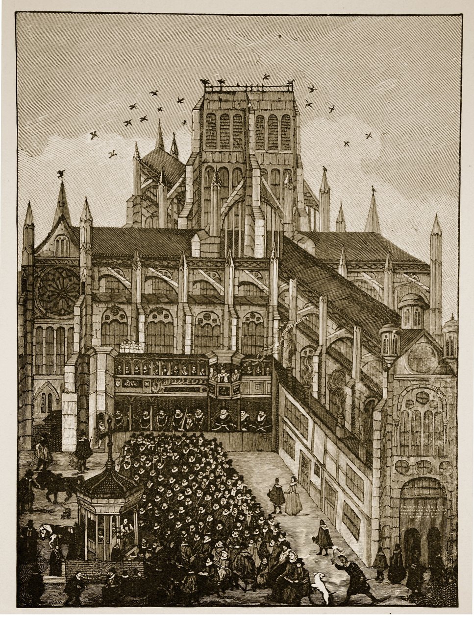 Prediking voor de koning en prins van Wales bij Pauls Cross in 1616, naar een 17e-eeuws schilderij door English School