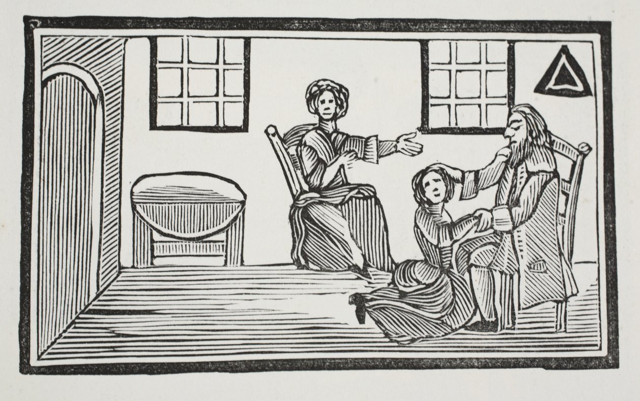 Mooie Bessie ontvangt de zegen van haar vader wanneer ze op zoek gaat naar haar eigen levensonderhoud, illustratie uit Chap-books van de achttiende eeuw door John Ashton, uitgegeven 1882 door English School