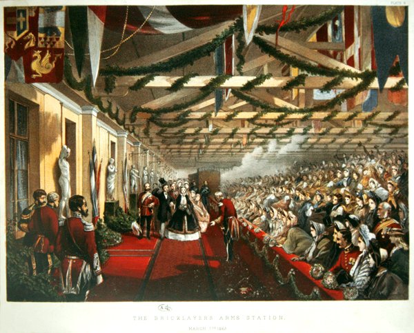Prinses Alexandra van Denemarken arriveert in Londen op 7 maart 1863 op The Bricklayers Arms Station met haar toekomstige echtgenoot, de Prins van Wales. 1863 door English School