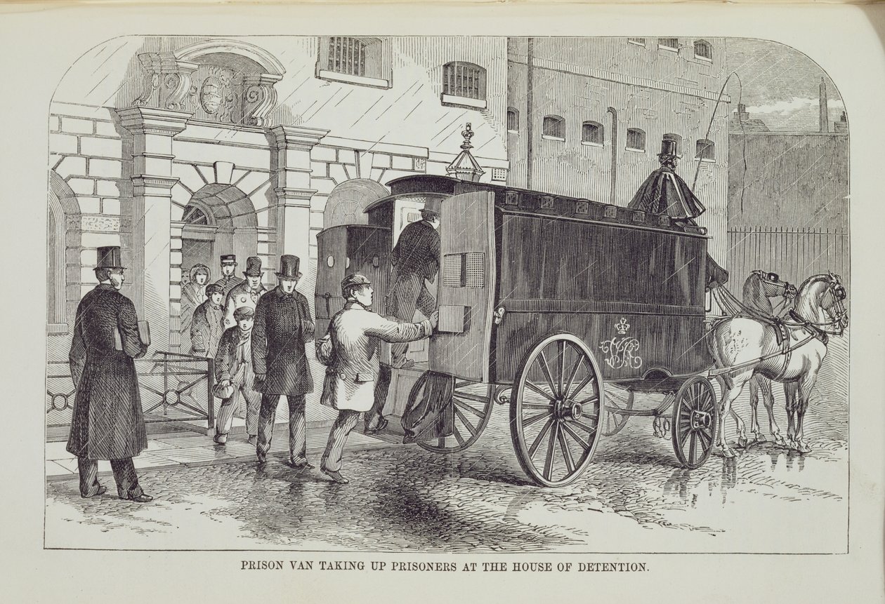 Gevangeniswagen die Gevangenen ophaalt bij het Huis van Bewaring, uit The Criminal Prisons of London and Scenes of Prison Life door Henry Mayhew (1812-87) en John Binny, 1862 door English School