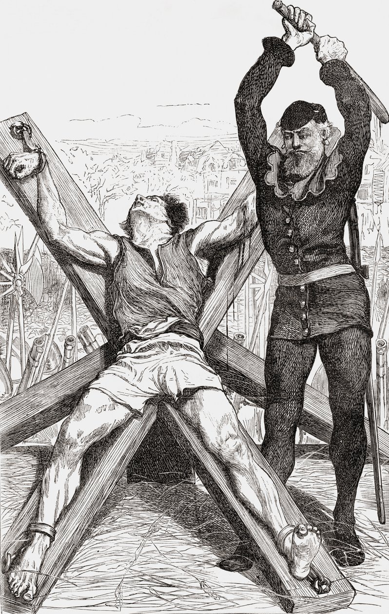 Gevangene wordt gemarteld op het St. Andreas Kruis, ca. 1865 door English School