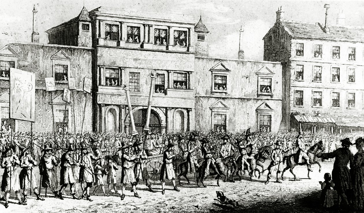Processie van 1741 in Londen die vrijmetselaars bespot, 1843 door English School