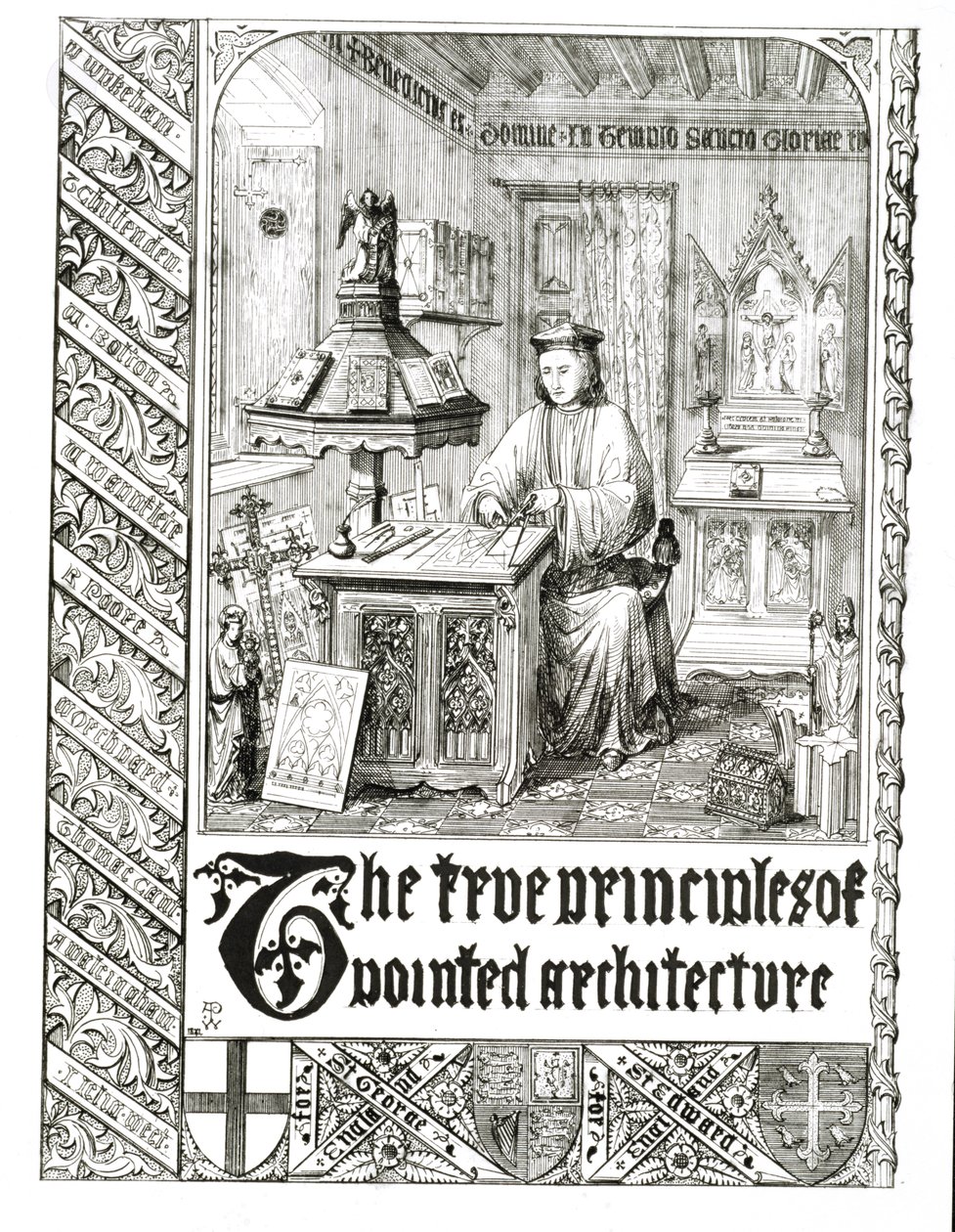Pugin aan het werk, frontispice uit True Principles of Pointed or Christian Architecture, door Augustus Welby Northmore Pugin door English School