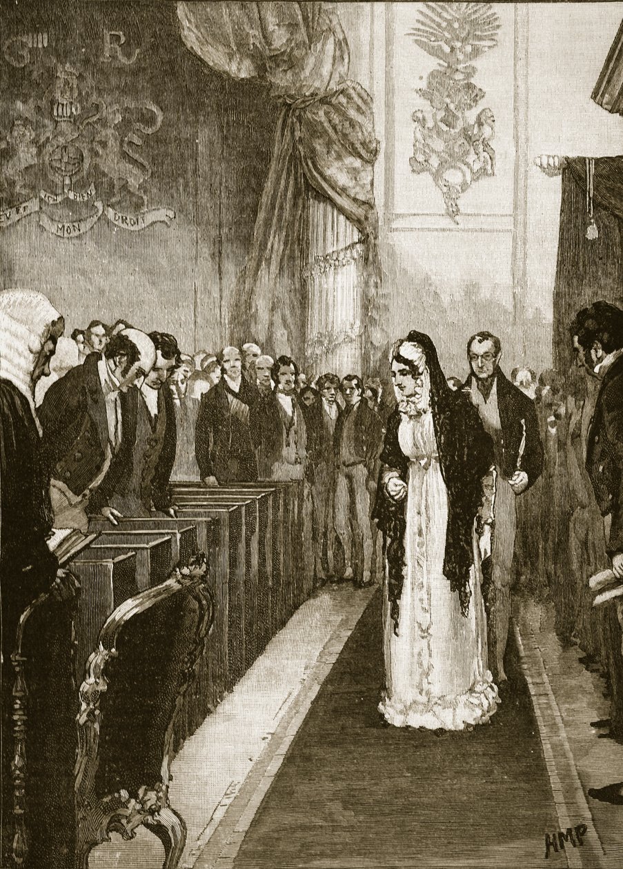 Koningin Caroline betreedt het Hogerhuis, illustratie uit Cassells Geïllustreerde Geschiedenis van Engeland door English School