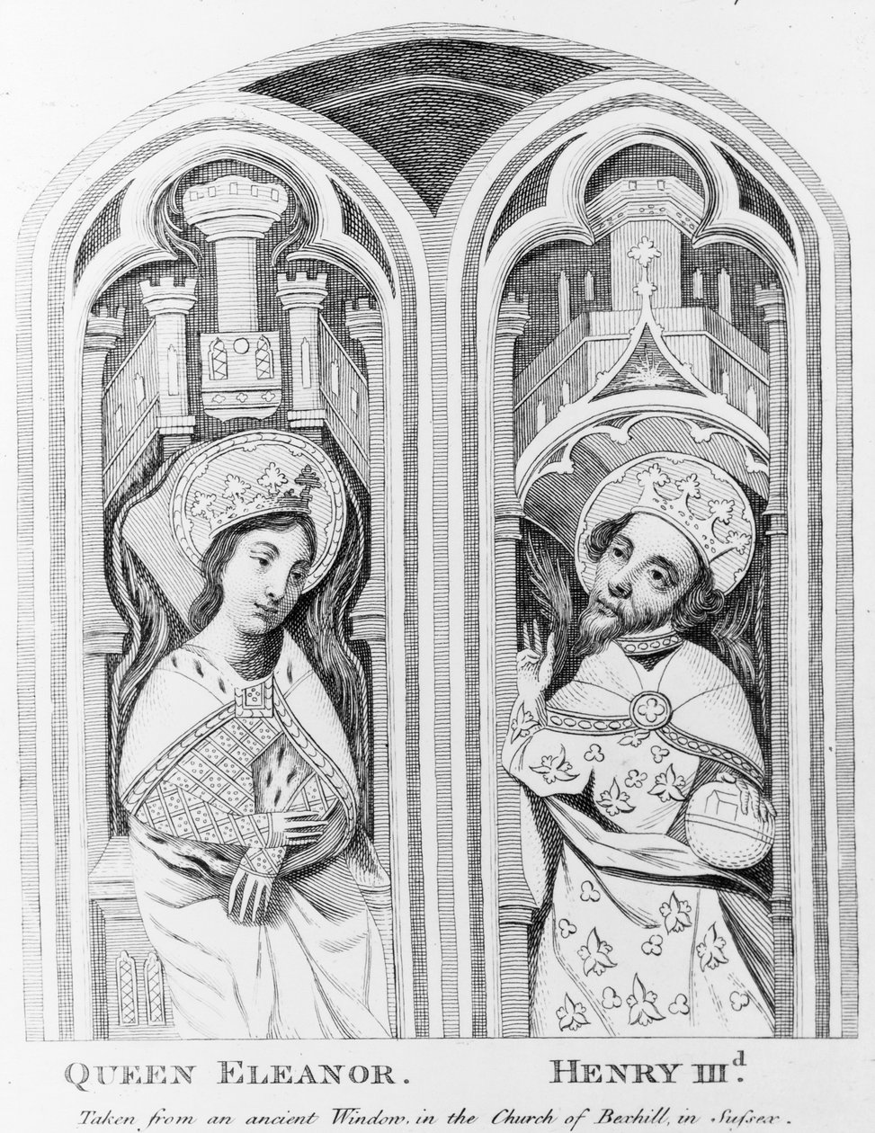 Koningin Eleanor en Hendrik III, genomen van een oud raam in de kerk van Boxhill, Sussex door English School