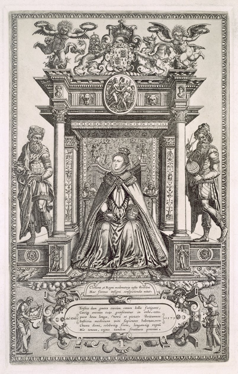 Koningin Elizabeth I (1533-1603) als beschermheer van geografie en astronomie, frontispice van een boek met Saksische kaarten van Engeland, 1579 door English School