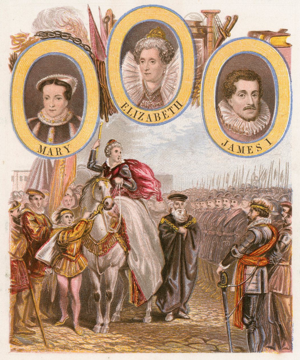 De Armada-toespraak van koningin Elizabeth I (ingekleurde gravure) door English School