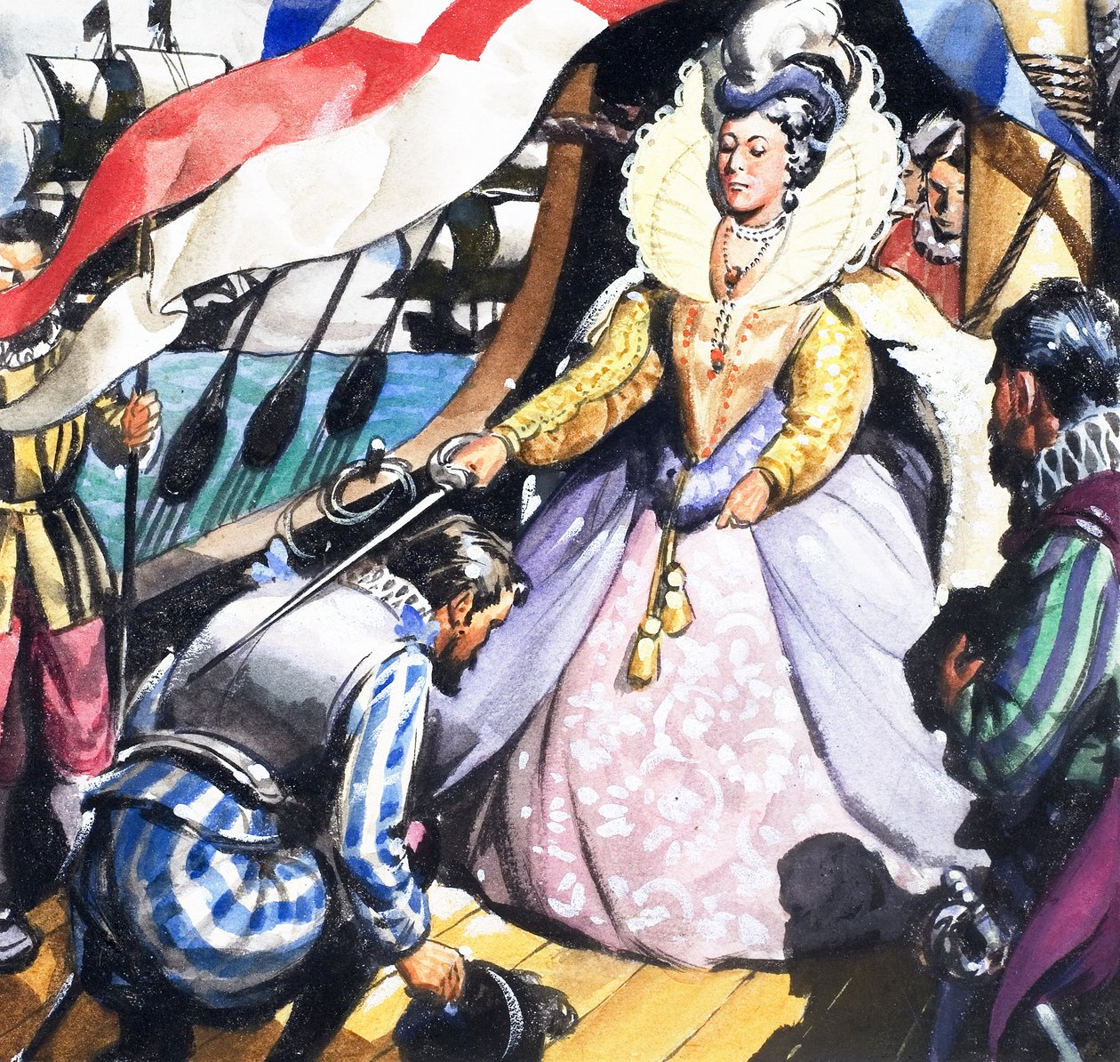 Koningin Elizabeth en Francis Drake door English School