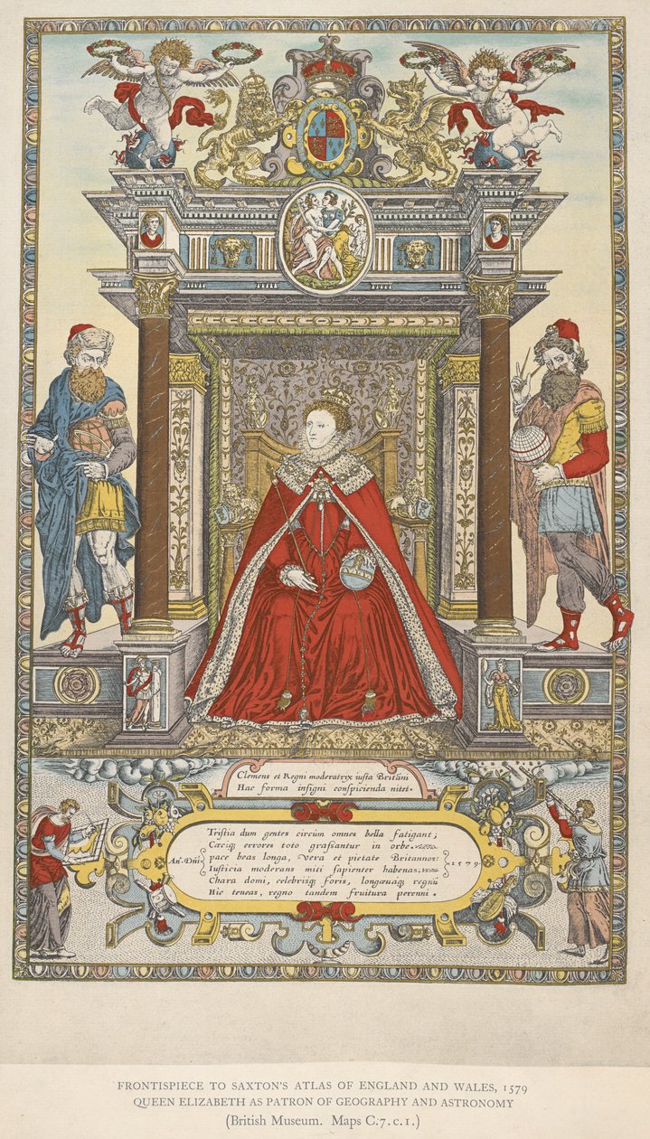 Koningin Elizabeth als beschermheer van geografie en astronomie. Frontispice van Saxton