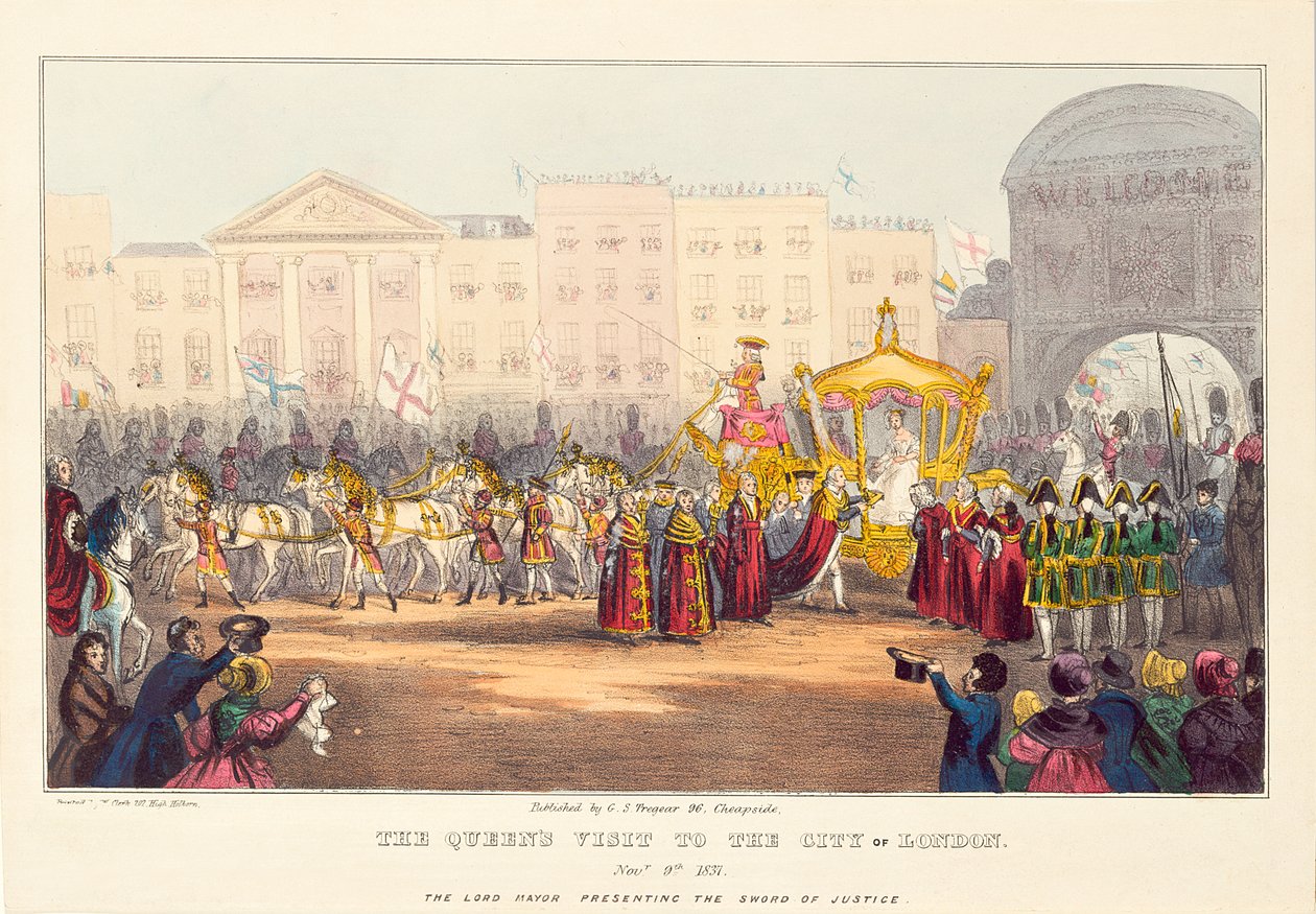 Koningin Victoria betreedt de Stad Londen bij Temple Bar, gegraveerd door G. Tregear, 1837 door English School