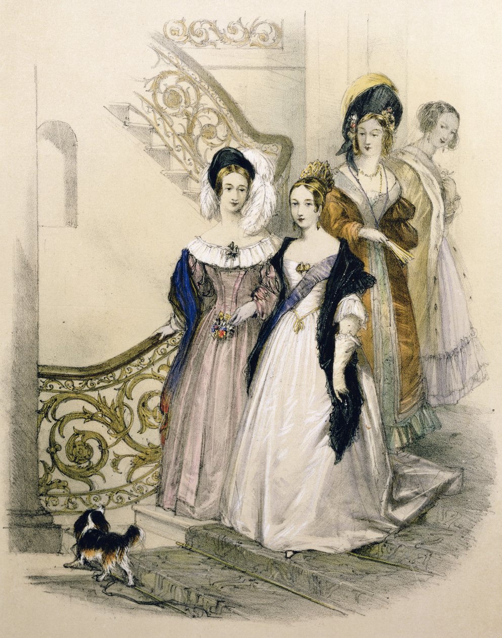 Koningin Victoria op een trap met hofdames door English School