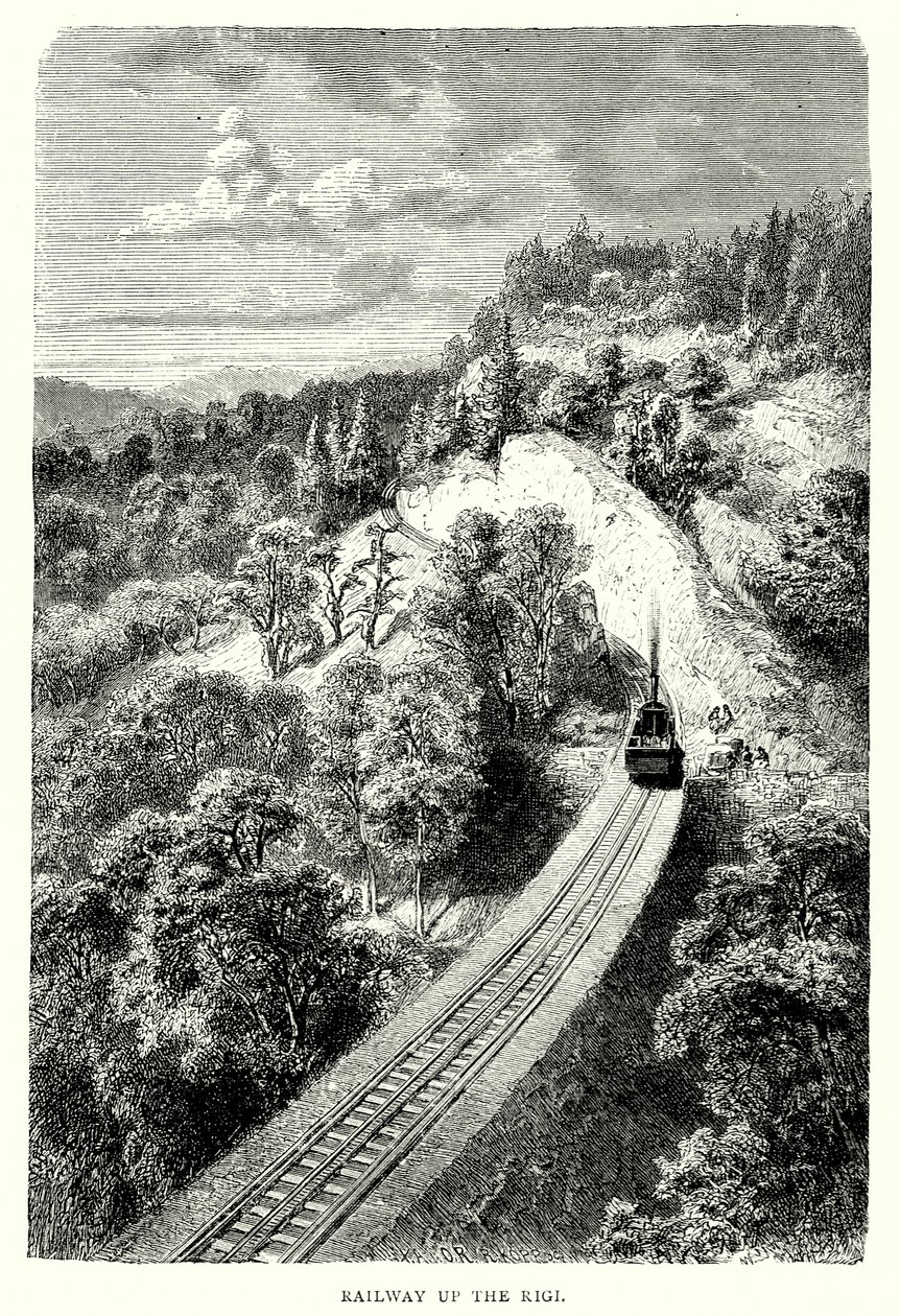 Spoorweg de Rigi op (gravure) door English School