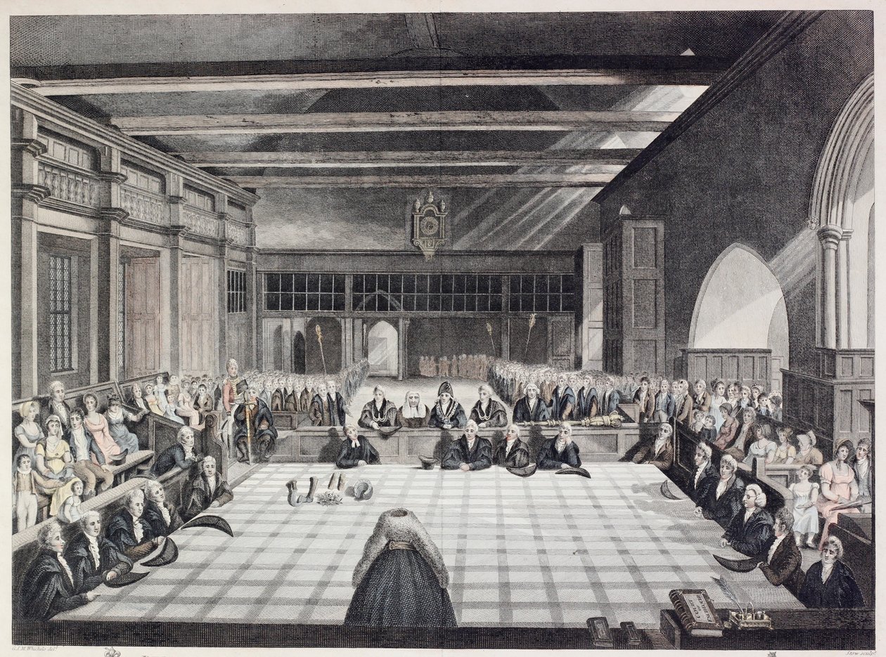 Weergave van de ceremonie van het presenteren van de sheriffs van Londen (gekleurde gravure) door English School