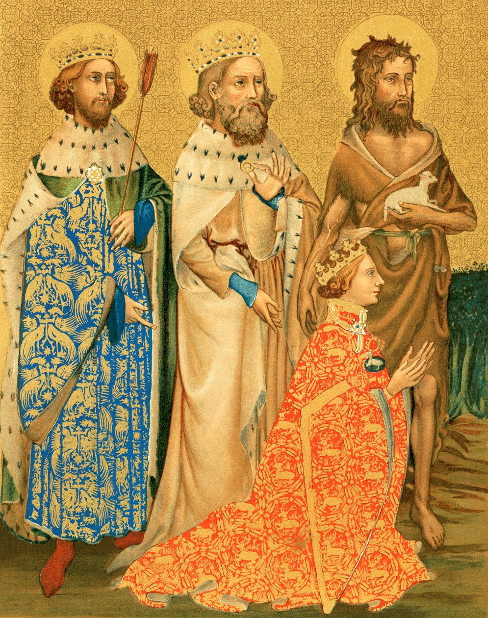 Richard II en zijn beschermheiligen (kleurenlitho) door English School