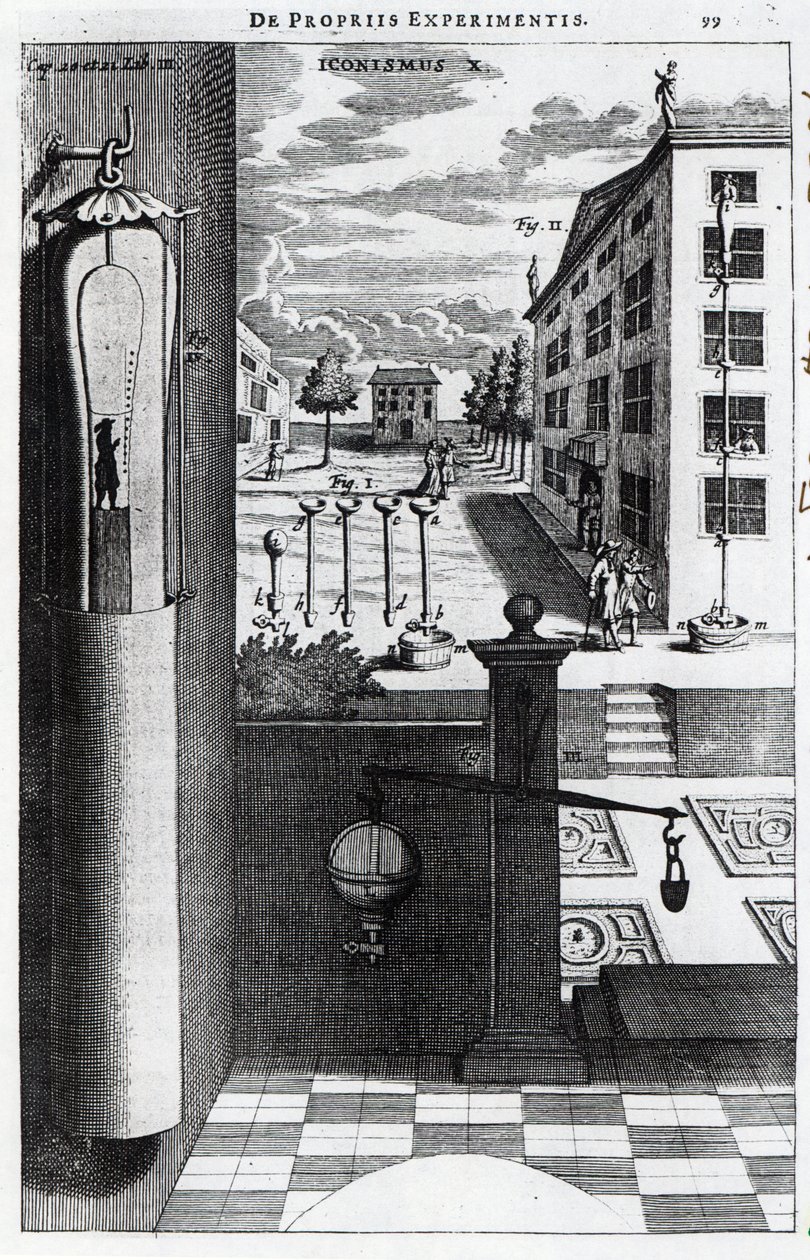 Robert Boyles ontwerpen en ideeën voor de vacuümpomp gepubliceerd in 1669 door English School
