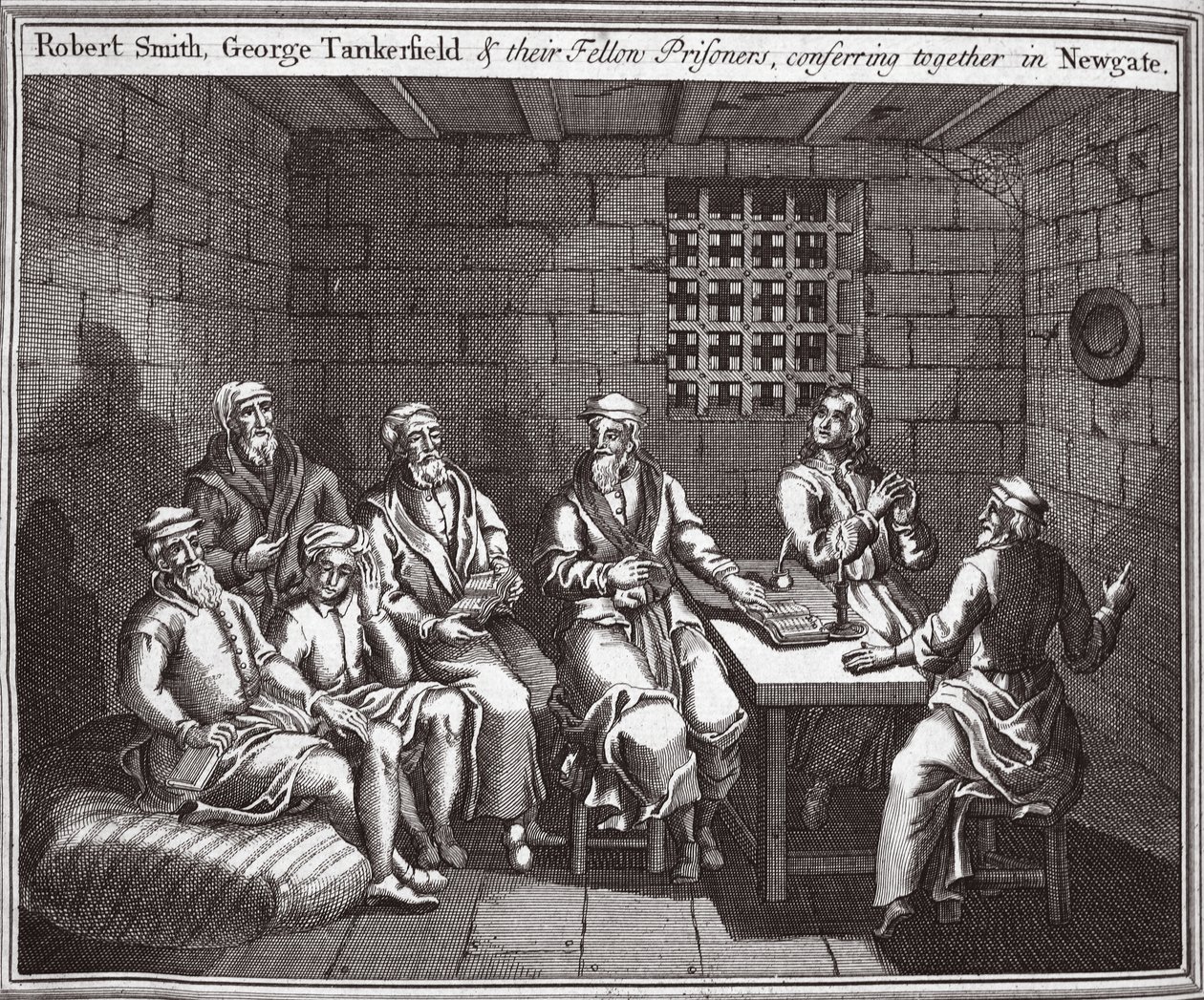 Robert Smith, George Tankerfield en hun medegevangenen, overleggend in Newgate, illustratie uit Foxes Martelaren ca. 1703 door English School