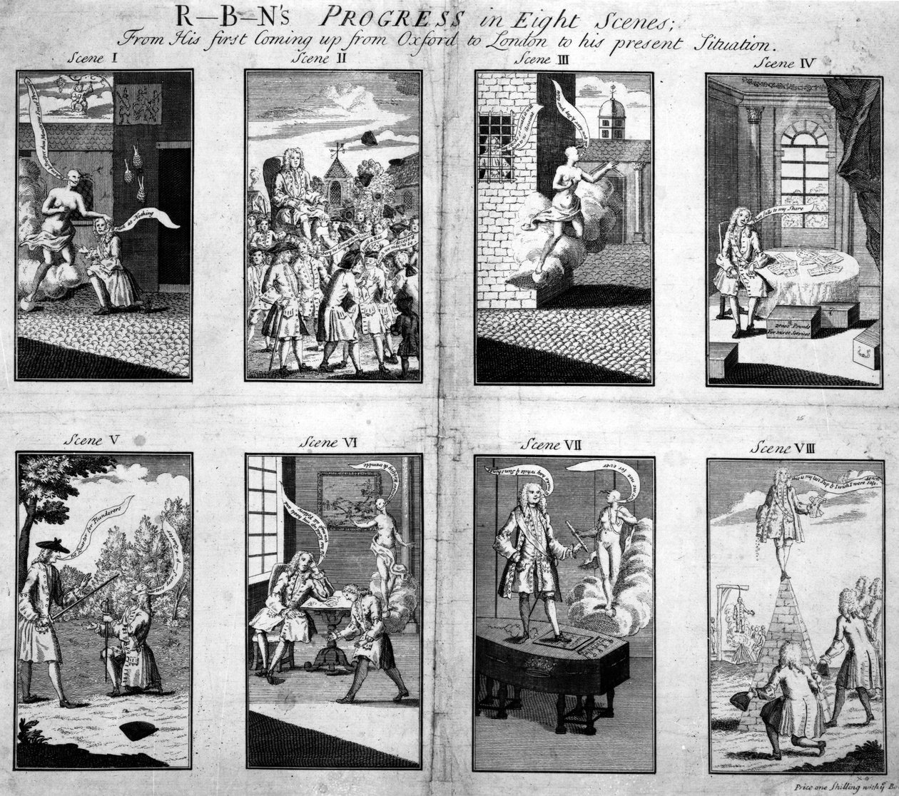 Robins Voortgang in acht scènes, vanaf zijn eerste aankomst uit Oxford in Londen tot zijn huidige situatie, 1733 door English School