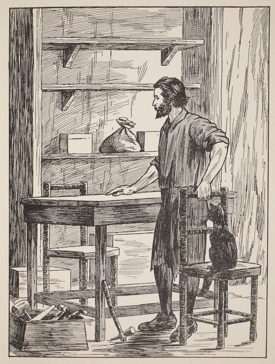 Robinson Crusoe bouwt tafel en stoelen voor zijn grot, illustratie uit Het verhaal van Robinson Crusoe: Een bewerking voor kinderen volgens Defoes taal, uitgegeven door Griffith Farran Browne & Co. Limited, Londen door English School