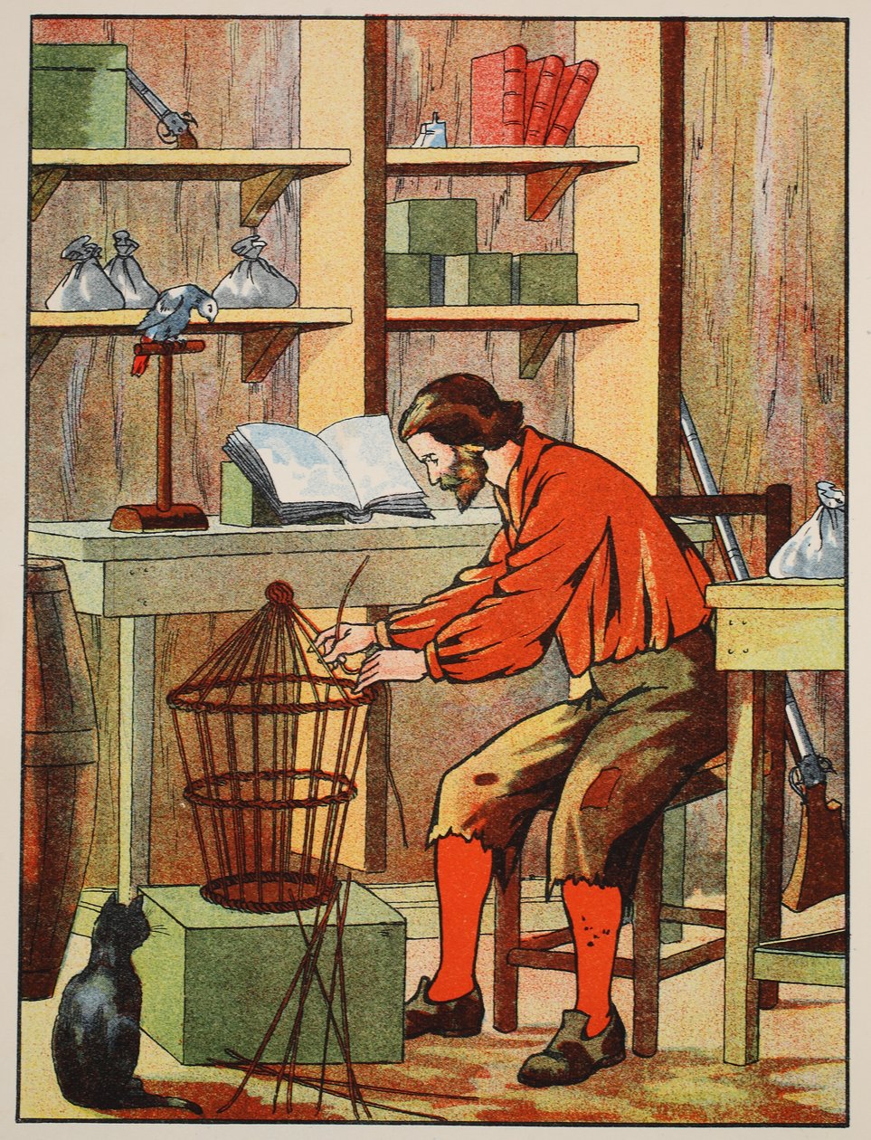 Robinson Crusoe maakt een kooi voor zijn papegaai, illustratie uit Het verhaal van Robinson Crusoe: Een bewerking voor kinderen volgens Defoes taal, uitgegeven door Griffith Farran Browne & Co. Limited, Londen door English School