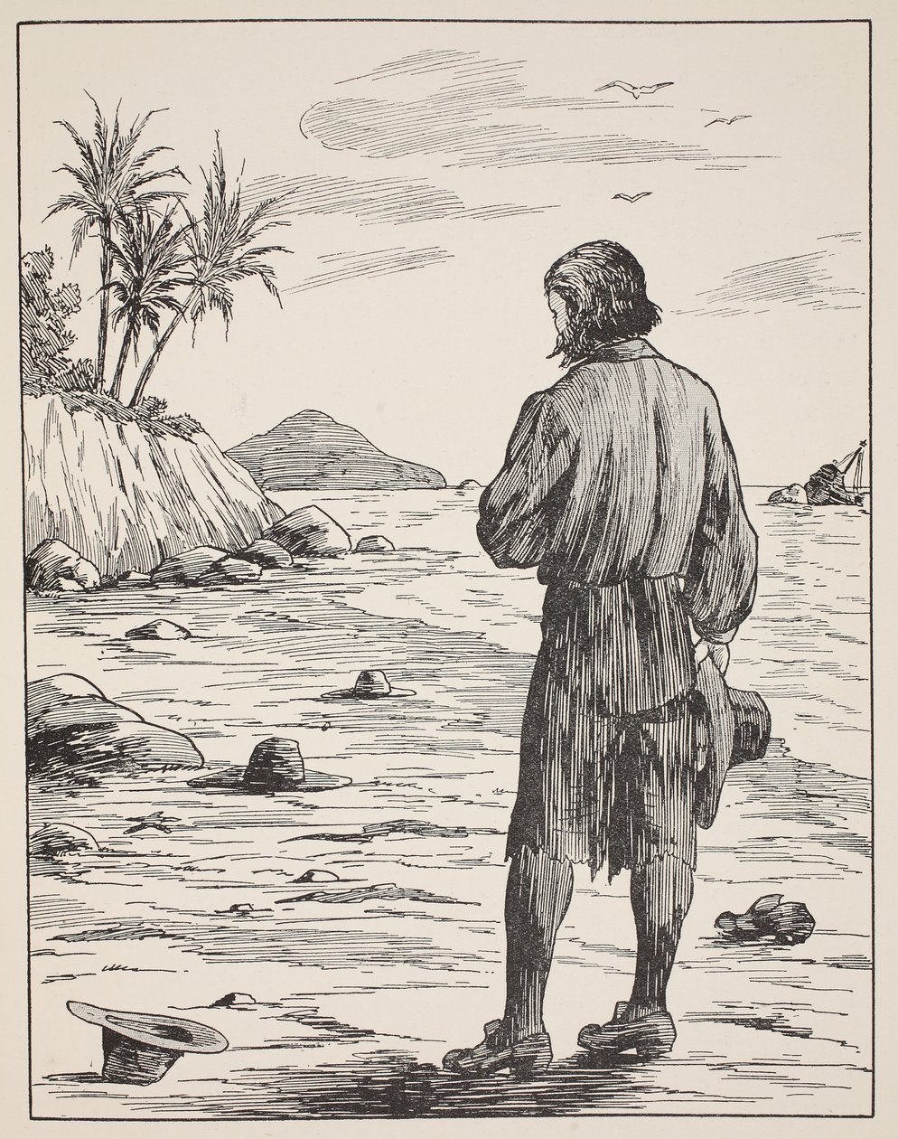 Robinson Crusoe op zijn eiland, illustratie uit Het verhaal van Robinson Crusoe: Een bewerking voor kinderen volgens Defoes taal, uitgegeven door Griffith Farran Browne & Co. Limited, Londen door English School