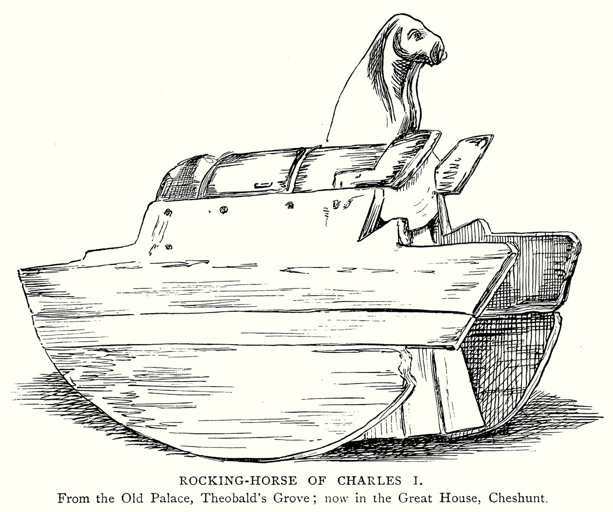 Het hobbelpaard van Charles I (gravure) door English School