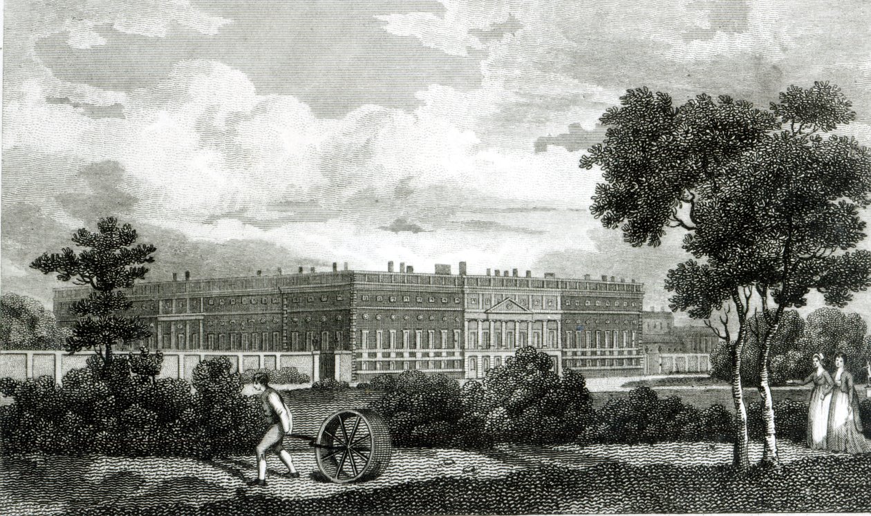 Het rollen van de gazons bij Hampton Court Palace door English School