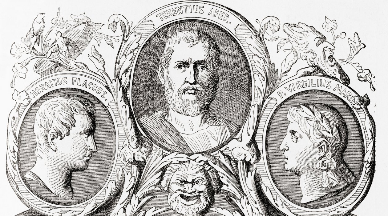 Romeinse auteurs, van links naar rechts, Horace, Terence en Virgil, uit Ward en Lock