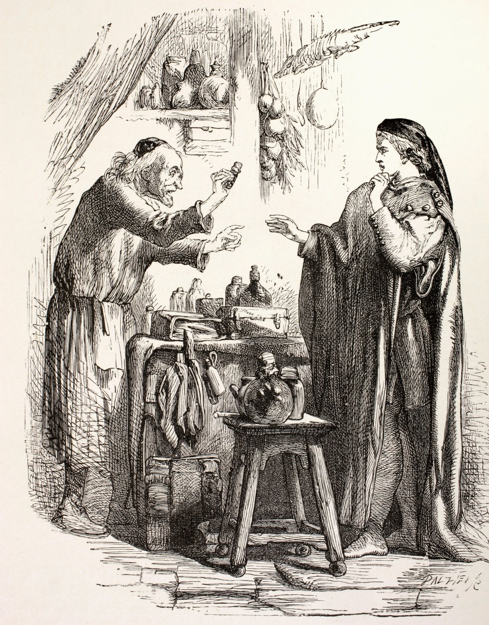 Romeo koopt gif van de apotheker, illustratie uit Romeo en Julia, uit 