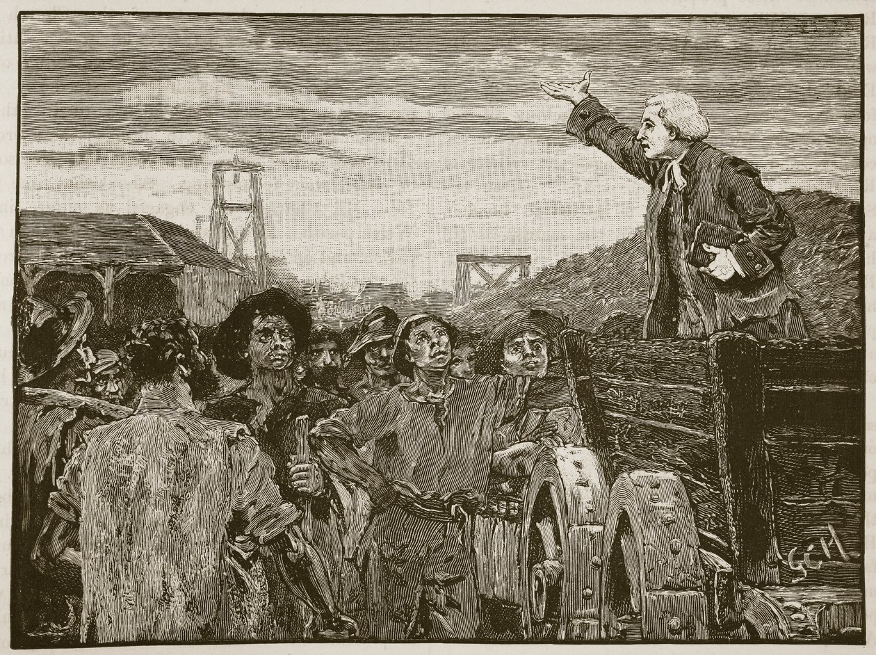 Rowland Hill predikt voor de mijnwerkers van Kingswood, illustratie uit Cassells Geïllustreerde Geschiedenis van Engeland door English School