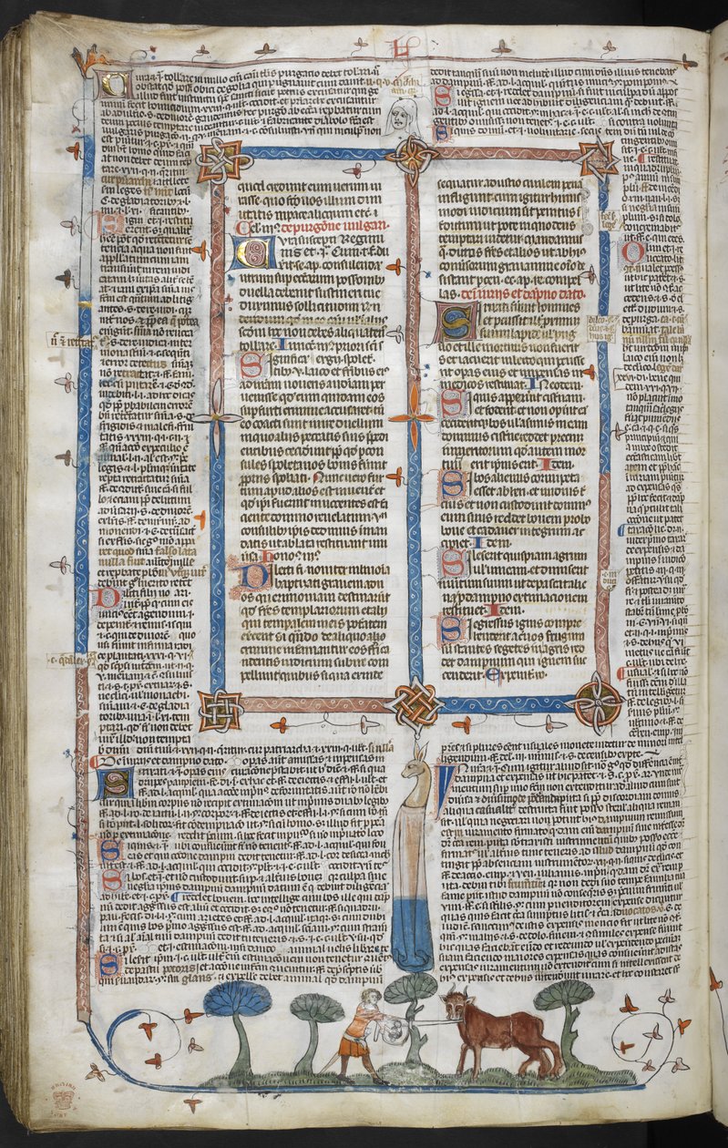 Royal 10 E IV fol. 294v Man die een os aanvalt, uit de Smithfield Decretals (Decretals van Gregory IX) c.1340 door English School
