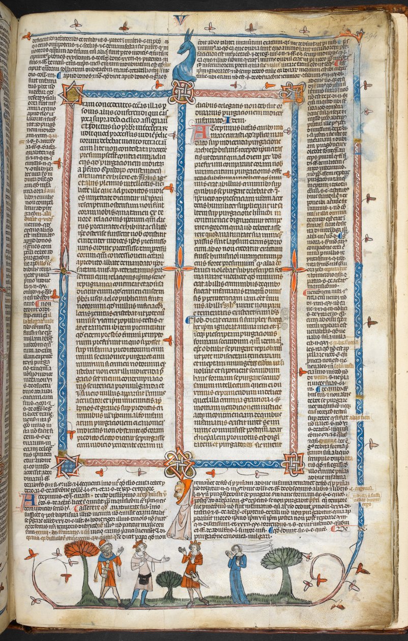 Royal MS 10 IV f.294r Middeleeuwse figuren en marginale decoratie, illustratie uit 