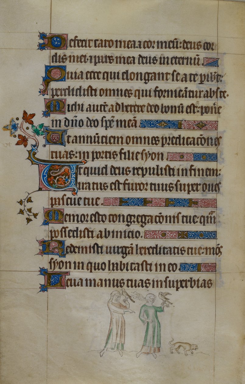 Royal ms 2_B VII f.177v Bas-de-page scène van twee vrouwen die valken dragen, en een kleine hond voor hen, met een bewoonde initiaal, illustratie uit de 