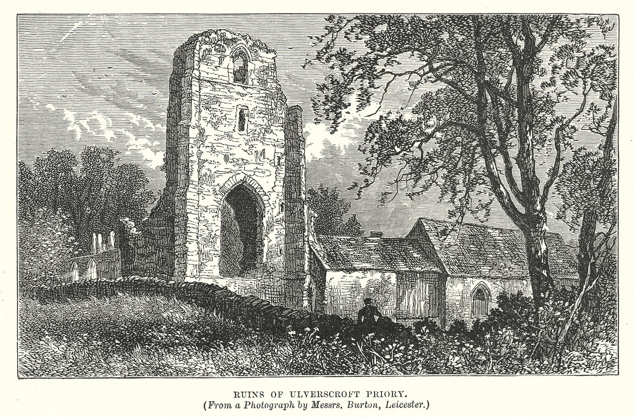 Ruïnes van de Priorij van Ulverscroft (gravure) door English School