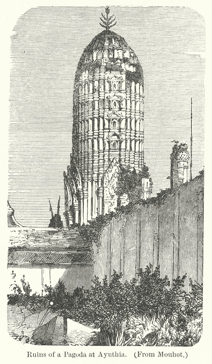 Ruïnes van een pagode in Ayuthia (gravure) door English School